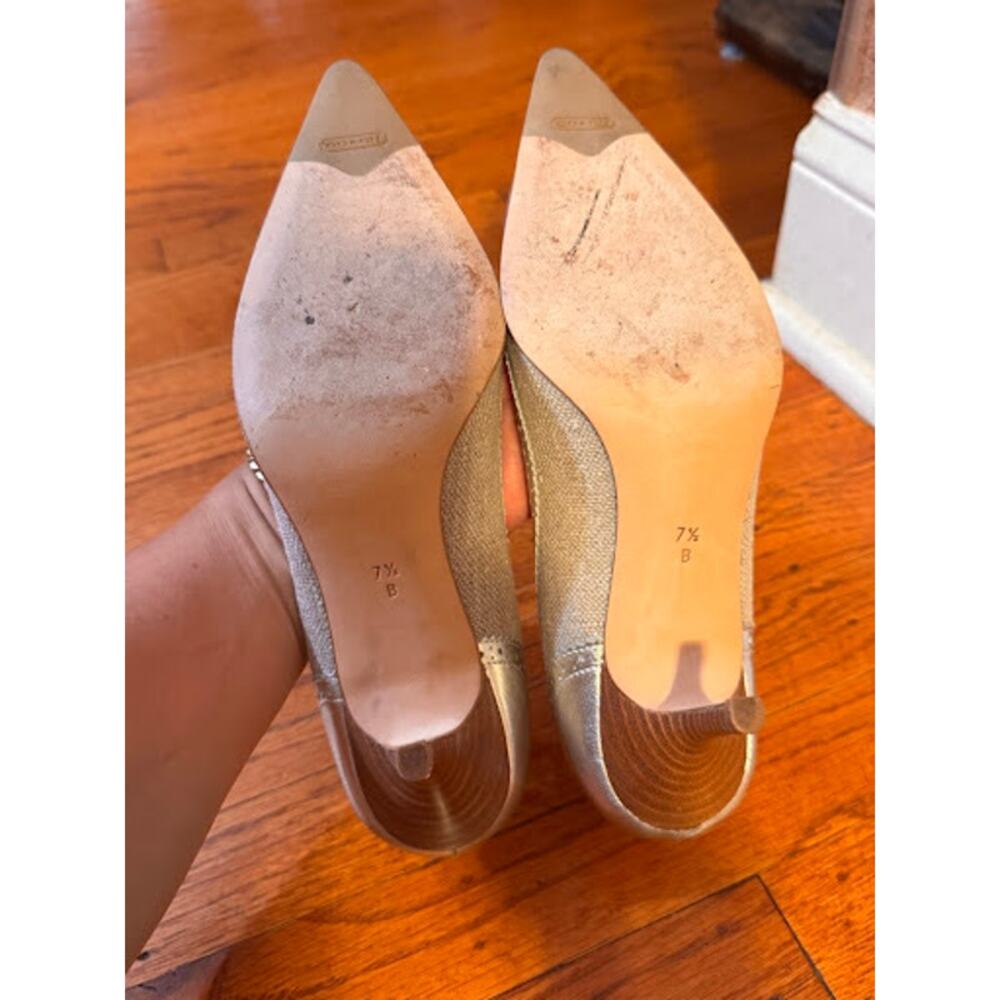 Coach Estefani Metallic Champagne Leather & Woven Linen Heel Pumps - Size 7.5 B - Picture 3 of 4